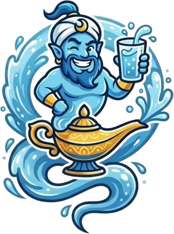 The Water Genie, a winking blue genie rising from a gold lamp with a glass of water
